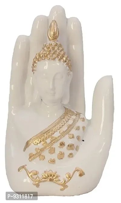 Saudeep India Trading Corporation Poly Resin and Fiber Buddha Embosed in a Palm (White and Gold, 12.5 x 7.5 x 17.5 cm)