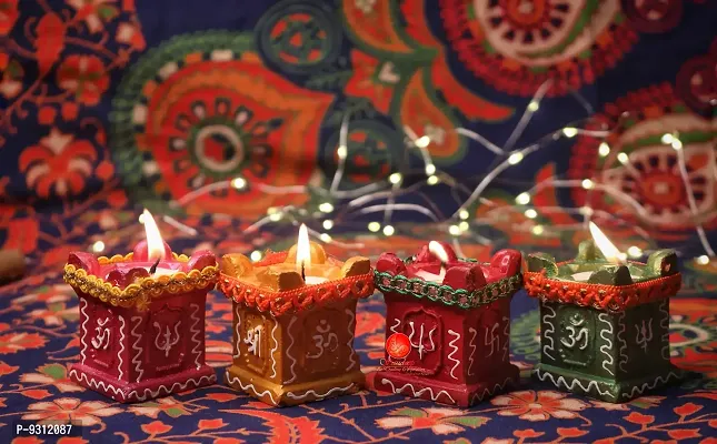 Saudeep India Trading Corporation Set of 4 TULSI Handmade Earthen Clay Terracotta Decorative Diyas with 4 pc Free Tea Light Candle,Oil Lamps (Multicolor) ?-thumb0