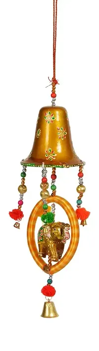 Saudeep India Trading Corporation Hand Made Bell and Elephant Figurine Door Hanging (12 cm x 12 cm x 52 cm, Yellow, rajcraft034)