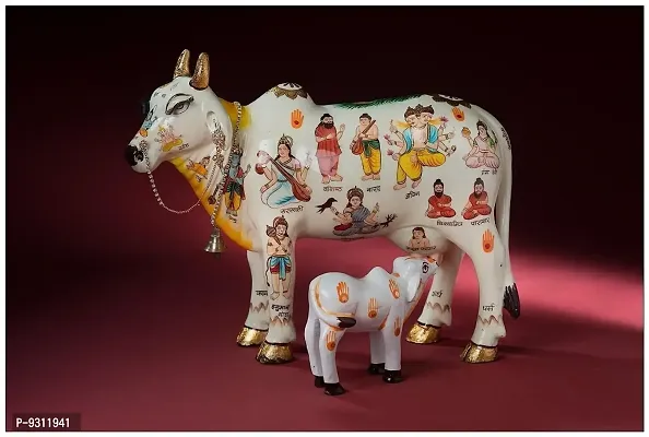 Saudeep India Trading Corporation Polyresin Hand Painted Kamdhenu Cow with Calf God Figure Showpiece (Multicolour, 20x9x15cm)-thumb2