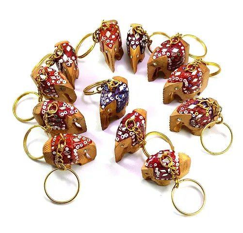 Saudeep India Wooden Hand Carved Keychains (Multicolour) - Set of 12