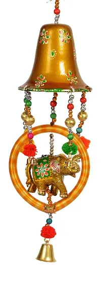 Saudeep India Trading Corporation Hand Made Bell and Elephant Figurine Door Hanging (12 cm x 12 cm x 52 cm, Yellow, rajcraft034)-thumb1