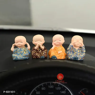 Saudeep India Cute Hand Painted Set of 4 Small Buddha Monks Idol for Shelf Showpiece, Car Dash Board Decor