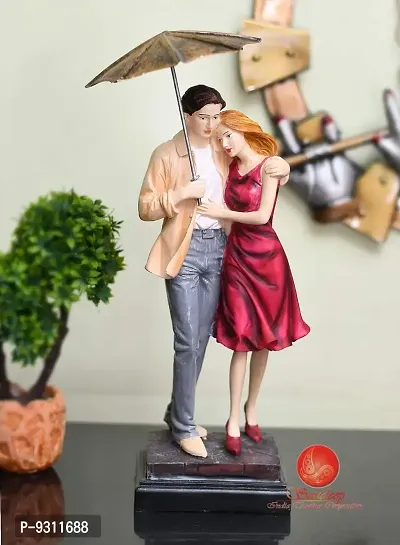 Saudeep India Trading Corporation Polyester Love Couple with Umbrella Showpiece (12.7 cm x 10.16 cm x 35.56 cm, White  Red)