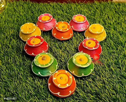 Saudeep India Matki Diya with Wax | Traditional Handmade Terracotta Clay Diya | Mitti Deepak Decorate for Diwali | Diya for Puja | Diwali Home Decoration Diya (Set of 10, Multicolor)