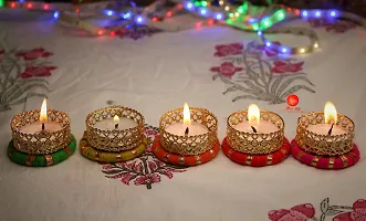 Saudeep India Diwali Tealight Candles | Tealight Candles with Holder | Diya for Puja | Diwali Home Decoration Diya (Set of 5, Multicolor)-thumb1