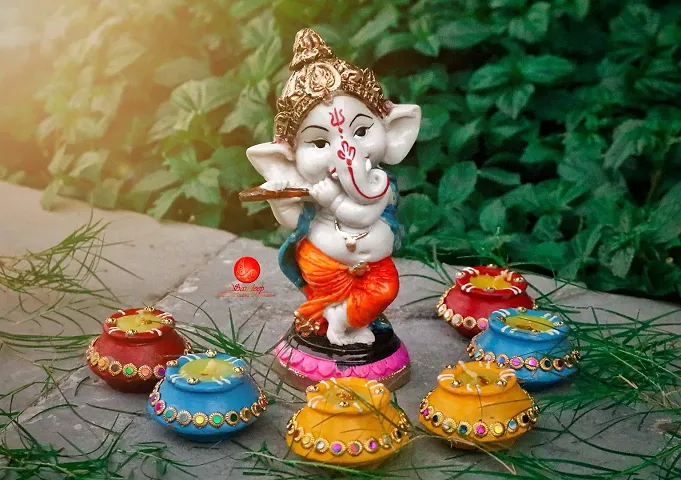 Saudeep India Diwali Gift Combo Diwali Matki Diyas with Ganesha Idol | Handmade Terracotta Clay Diya | Mitti Deepak for Diwali | Diya for Puja | Diwali Home Decoration Diya (Set of 6, Multicolor)