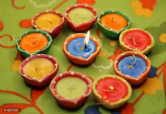 Saudeep India Diwali Diyas with Wax | Traditional Handmade Terracotta Clay Diya | Mitti Deepak Decorate for Diwali | Diya for Puja | Diwali Home Decoration Diya (Set of 10, Multicolor)-thumb0