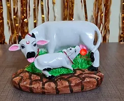 Saudeep India Good Luck Gift Items Art Handicraftgiftgallery Decorative Marble dust/Polyresin Cow and Calf Showpiece Idols and Figurines, 5x3x3Inch (White Cow)-thumb1