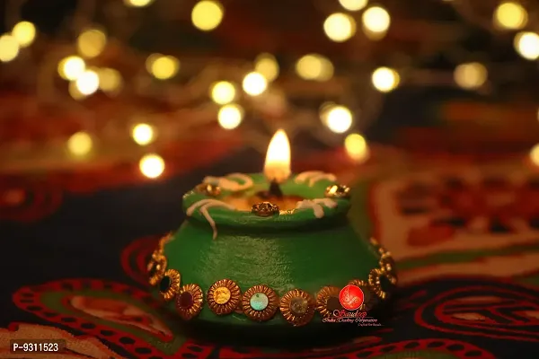 Saudeep India Diwali Matki Diya with Wax | Traditional Handmade Terracotta Clay Diya | Mitti Deepak Decorate for Diwali | Diya for Puja | Diwali Home Decoration Diya (Set of 6, Multicolor)-thumb3