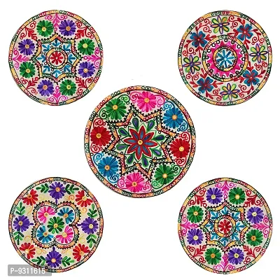 Saudeep India Round Rajasthani Ethnic Embroidered Khadi Cushion Cover, 16x16 Inch Pack of 5(pt2_cushioncover_po5)