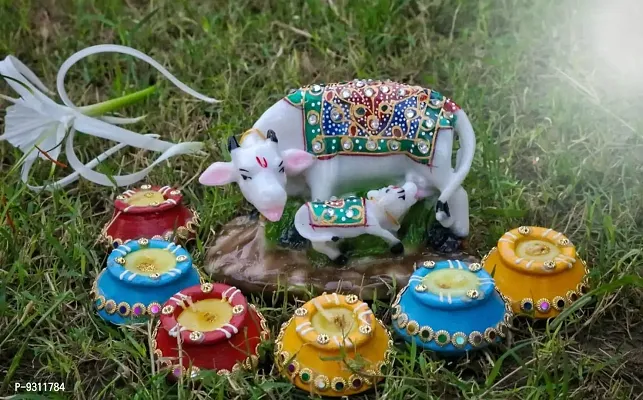 Saudeep India Diwali Gift Combo Diwali Matki Diyas With Cow and Calf Idol | Handmade Terracotta Clay Diya | Mitti Deepak for Diwali | Diya for Puja | Diwali Home Decoration Diya (Set of 6, Multicolor)