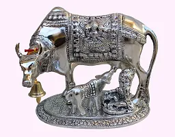 Saudeep India Rajasthani Jaipur Unique Traditional Handicraft Antique Oxidized White Metal Big Cow and Calf with Ladoo Gopal Puja Article Holy and Lucky for Business and Locker-thumb1