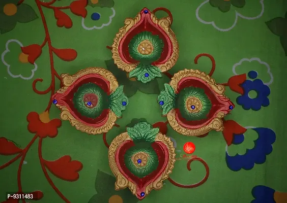 Saudeep India Diwali Diyas | Traditional Handmade Terracotta Clay Diya | Mitti Deepak Decorate for Diwali | Diya for Puja | Diwali Home Decoration Diya (Set of 4, Multicolor)-thumb3