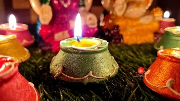 Saudeep India Traditional Handmade Decoative Clay Matki Diyas/Colourful Diwali Diya Set For Decoration (10)-thumb4