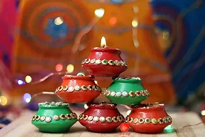 Saudeep India Diwali Gift Combo Diwali Matki Diyas with Ganesha Idol | Handmade Terracotta Clay Diya | Mitti Deepak for Diwali | Diya for Puja | Diwali Home Decoration Diya (Set of 6, Multicolor)-thumb4