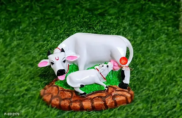 Saudeep India Good Luck Gift Items Art Handicraftgiftgallery Decorative Marble dust/Polyresin Cow and Calf Showpiece Idols and Figurines, 5x3x3Inch (White Cow)-thumb0