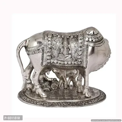 Saudeep India Trading Corporation Rajasthani Jaipur Unique Traditional Handicraft Antique Oxidized White Metal Big Cow and Calf with Ladoo Gopal Puja Article Holy and Lucky for Business and Locker-thumb3