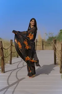 Saudeep India Women's Satin Silk Abstract Floral Print Saree With Blouse Piece(Black)-thumb2
