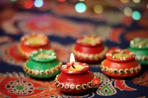 Saudeep India Diwali Matki Diya with Wax | Traditional Handmade Terracotta Clay Diya | Mitti Deepak Decorate for Diwali | Diya for Puja | Diwali Home Decoration Diya (Set of 6, Multicolor)-thumb1