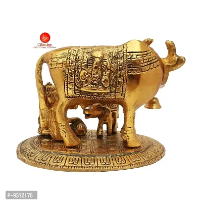 Saudeep India Kamdhenu Cow with Calf  Krishna Brass God Figure Showpiece Decor-thumb4