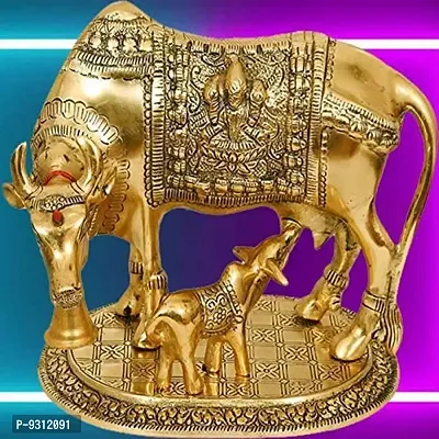 Saudeep India Trading Corporation Polyresin Hand Painted Kamdhenu Cow with Calf God Figure Showpiece Decor (Golden, Small Size)