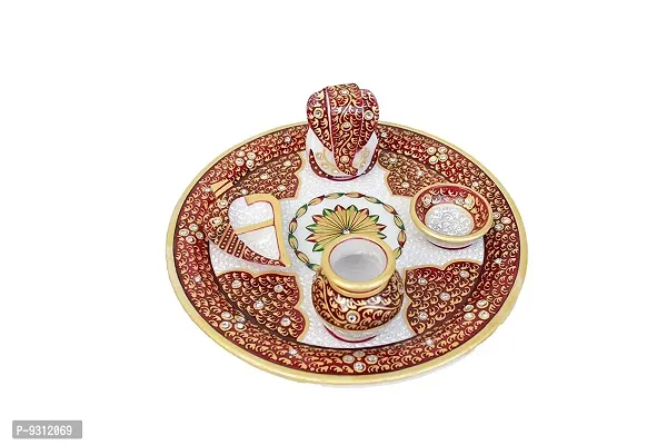 Saudeep India Trading Corporation Rajasthani Unique Traditional Handicraft Spiritual Marble Pooja Plate with Lord Ganesha, Pot, Diya and Religious Chopda (5 Pieces, Multicolor)