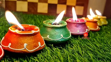Saudeep India Traditional Handmade Decoative Clay Matki Diyas/Colourful Diwali Diya Set For Decoration (10)-thumb1