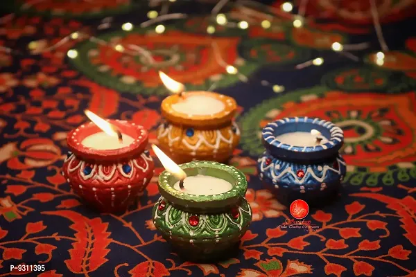 Saudeep India Diwali Matki Diyas with Wax | Traditional Handmade Terracotta Clay Diya | Mitti Deepak Decorate for Diwali | Diya for Puja | Diwali Home Decoration Diya (Set of 4, Multicolor)