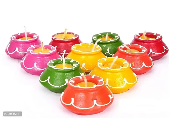 Saudeep India Clay Handmade Waxed Diya Set for Home Decoration (5 cm X 5 cm X 2.39 cm, Multicolor, 10 Piece)-thumb0