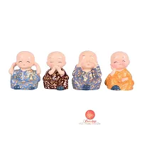 Saudeep India Cute Hand Painted Set of 4 Small Buddha Monks Idol for Shelf Showpiece, Car Dash Board Decor-thumb2