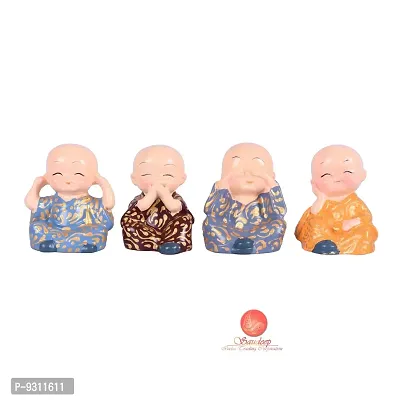 Saudeep India Cute Hand Painted Set of 4 Small Buddha Monks Idol for Shelf Showpiece, Car Dash Board Decor-thumb3