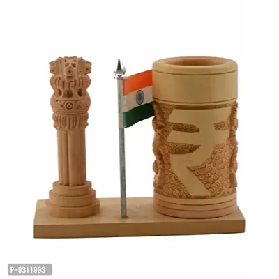Saudeep India Trading Corporation Wooden Ashok stambh, Rupee Desk Pen, Pencil Holder, Indian Flag Antique Craft Traditional Wooden Handmade Handicraft Decorative Gift Item/Figurine