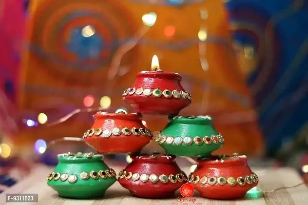 Saudeep India Diwali Matki Diya with Wax | Traditional Handmade Terracotta Clay Diya | Mitti Deepak Decorate for Diwali | Diya for Puja | Diwali Home Decoration Diya (Set of 6, Multicolor)-thumb0