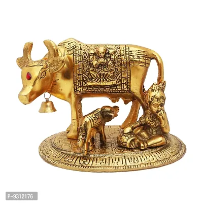 Saudeep India Kamdhenu Cow with Calf  Krishna Brass God Figure Showpiece Decor-thumb0