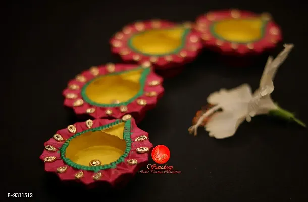 Saudeep India Diwali Diyas | Traditional Handmade Terracotta Clay Diya | Mitti Deepak Decorate for Diwali | Diya for Puja | Diwali Home Decoration Diya (Set of 4, Multicolor)-thumb2
