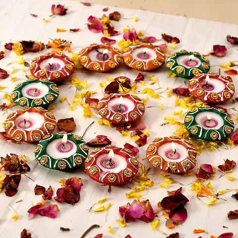 Saudeep India Decorative Flower Wax Diyas/Colourful Diya Set/Diya for Diwali (Pack of 24)