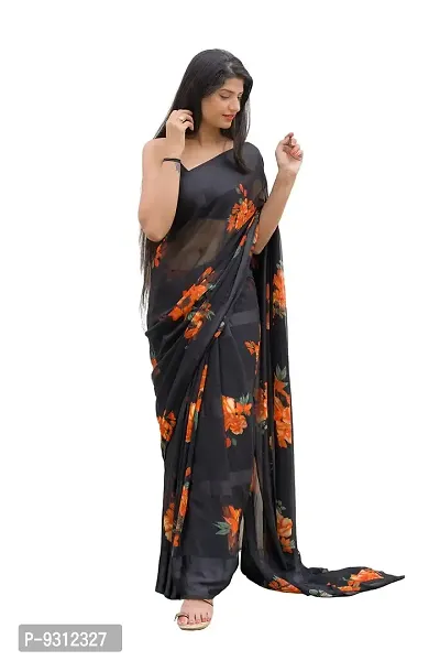 Saudeep India Women's Satin Silk Abstract Floral Print Saree With Blouse Piece(Black)-thumb0