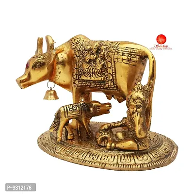 Saudeep India Kamdhenu Cow with Calf  Krishna Brass God Figure Showpiece Decor-thumb3