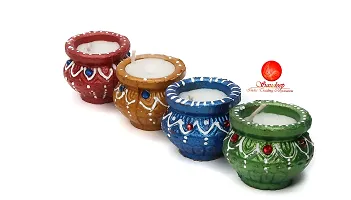 Saudeep India Diwali Matki Diyas with Wax | Traditional Handmade Terracotta Clay Diya | Mitti Deepak Decorate for Diwali | Diya for Puja | Diwali Home Decoration Diya (Set of 4, Multicolor)-thumb4