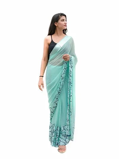 Saudeep India Women's Satin Silk Abstract Floral Print Saree With Blouse Piece(Sky Blue)