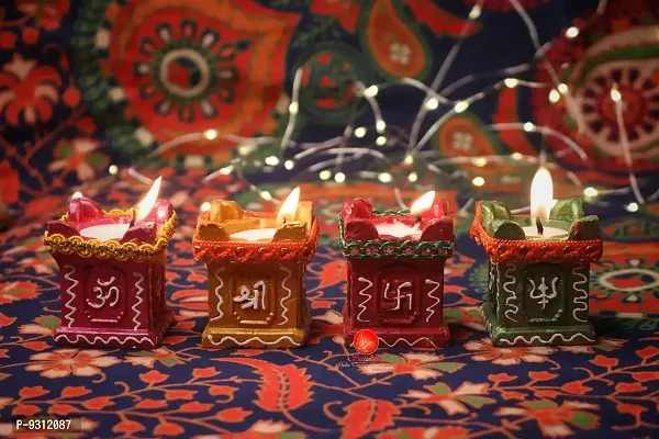 Saudeep India Trading Corporation Set of 4 TULSI Handmade Earthen Clay Terracotta Decorative Diyas with 4 pc Free Tea Light Candle,Oil Lamps (Multicolor) ?-thumb2