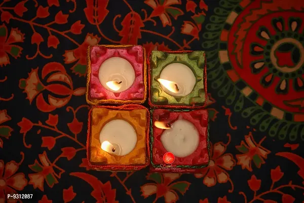 Saudeep India Trading Corporation Set of 4 TULSI Handmade Earthen Clay Terracotta Decorative Diyas with 4 pc Free Tea Light Candle,Oil Lamps (Multicolor) ?-thumb4