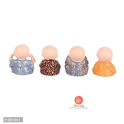 Saudeep India Cute Hand Painted Set of 4 Small Buddha Monks Idol for Shelf Showpiece, Car Dash Board Decor-thumb5