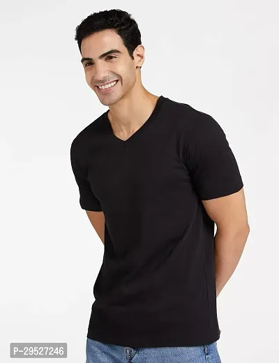 Stylish Black Polyester Blend Solid Half Sleeve V Neck Tees For Men-thumb0