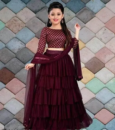 Classic Net Embroidered Lehenga Cholis with Dupatta for Kids Girls