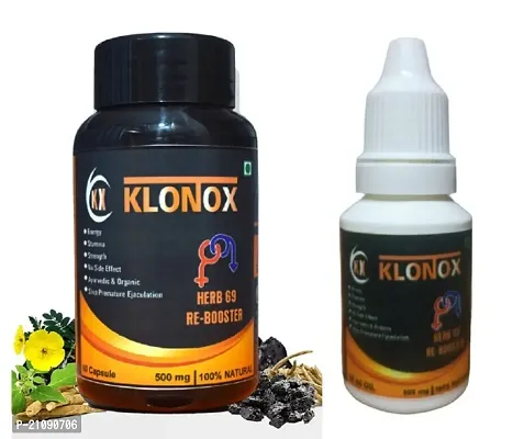 Klonox Herb69  Re -Booster , Testosterone Booster for Men with Ashwagandha,Shilajit  Safed Musli, Gokshura for Energy, Stamina,  Muscle Strength 60 Capsules 15Ml Oil Combo