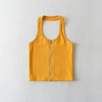 Womens Yellow Halter Zip-Up Open Back Ribbed Plain Crop Top-thumb1