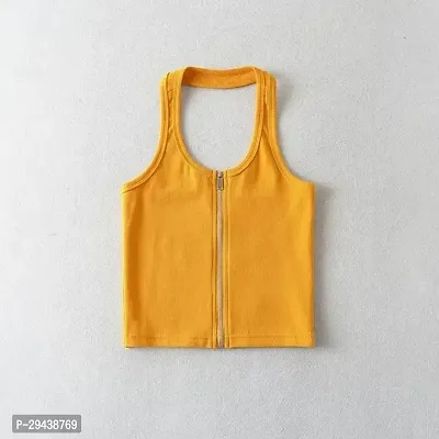 Womens Yellow Halter Zip-Up Open Back Ribbed Plain Crop Top-thumb2