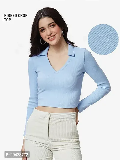 Women Ribbed Polo V-Neck Cropped Tops